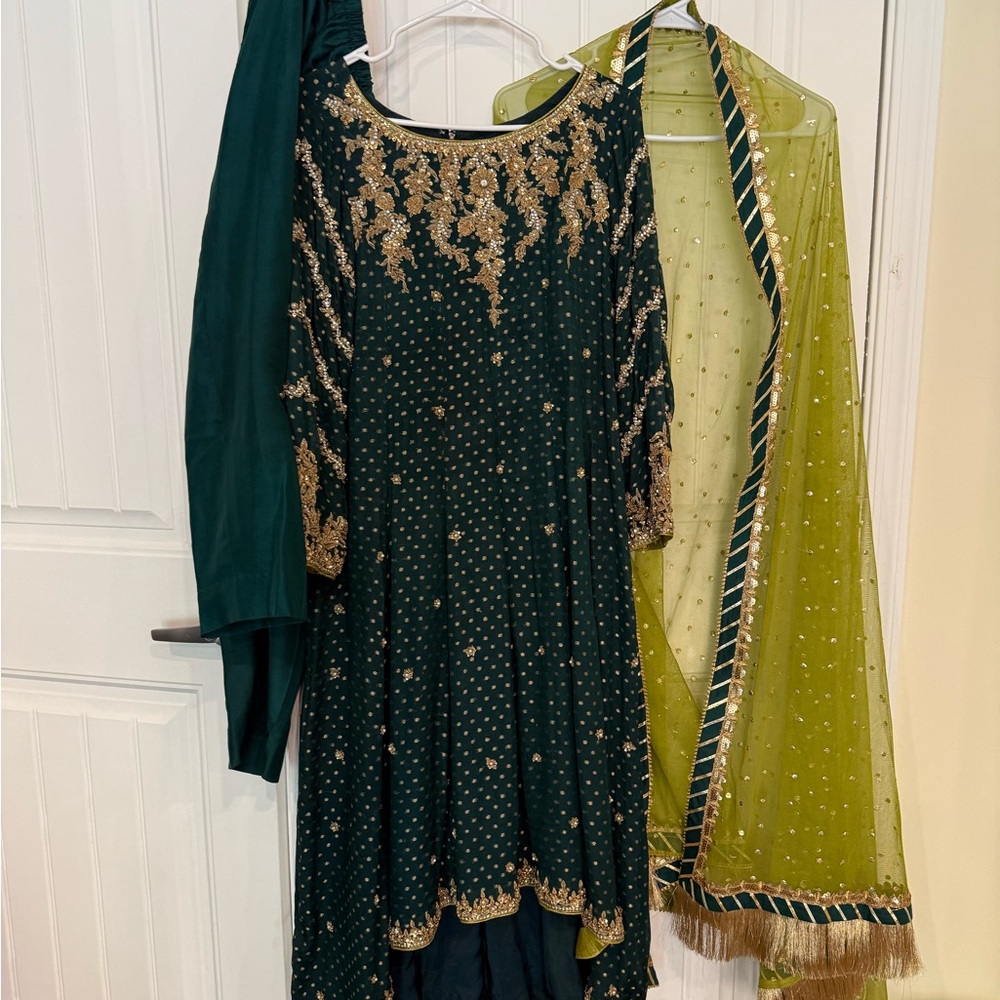 Elegant Green and Gold Embroidered Dress
